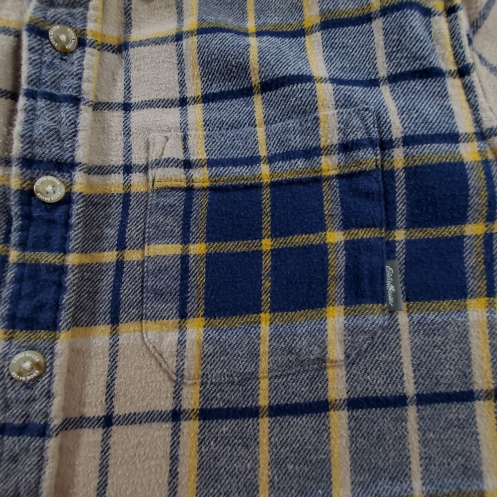 Eddie Bauer Mens Blue Tan Yellow Plaid Flannel Button Down Shirt L EM32LW202 - Picture 5 of 9